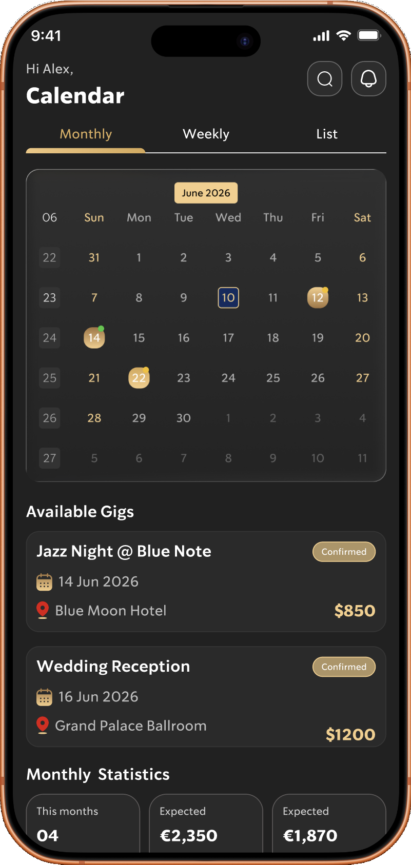 The Gig Tracker calendar showing monthly GIG dates and available GIGs.