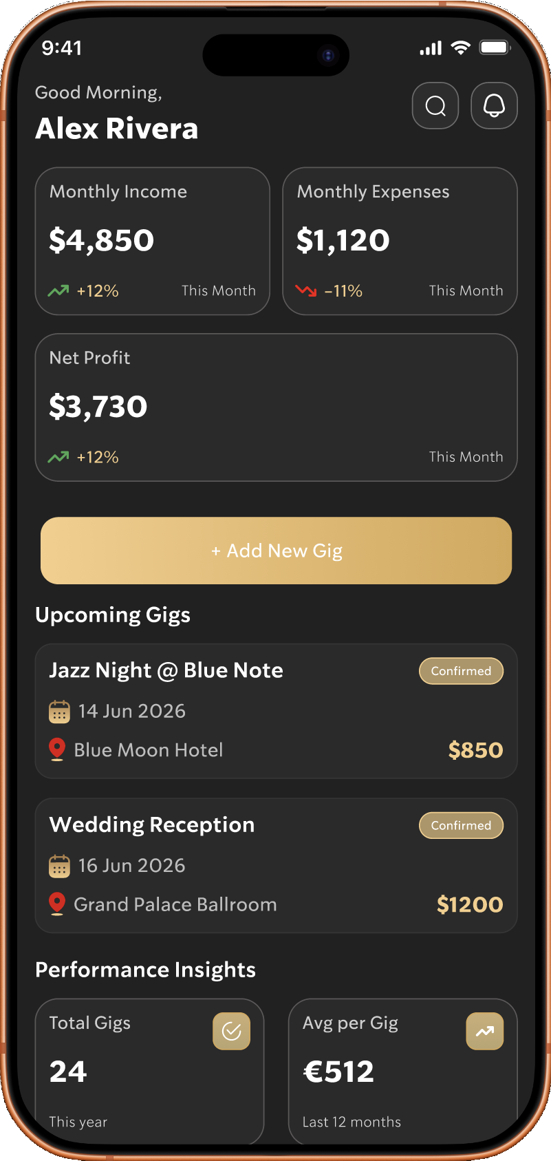 The Gig Tracker dashboard showing upcoming GIGs, income, expenses and net earnings.