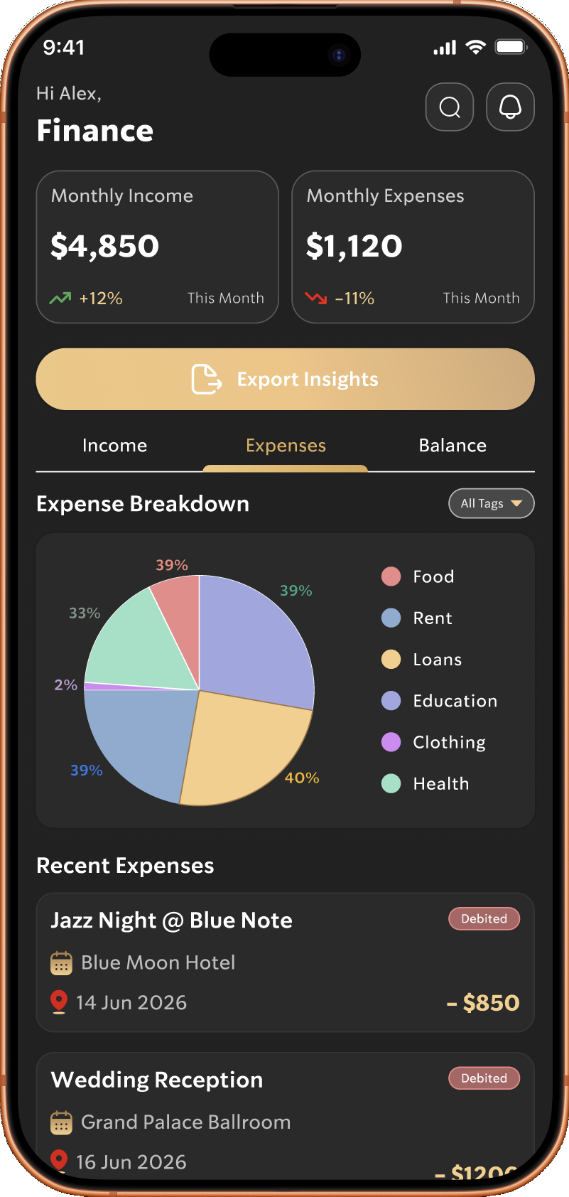 The Gig Tracker expense insights screen showing expense categories and recent expenses.