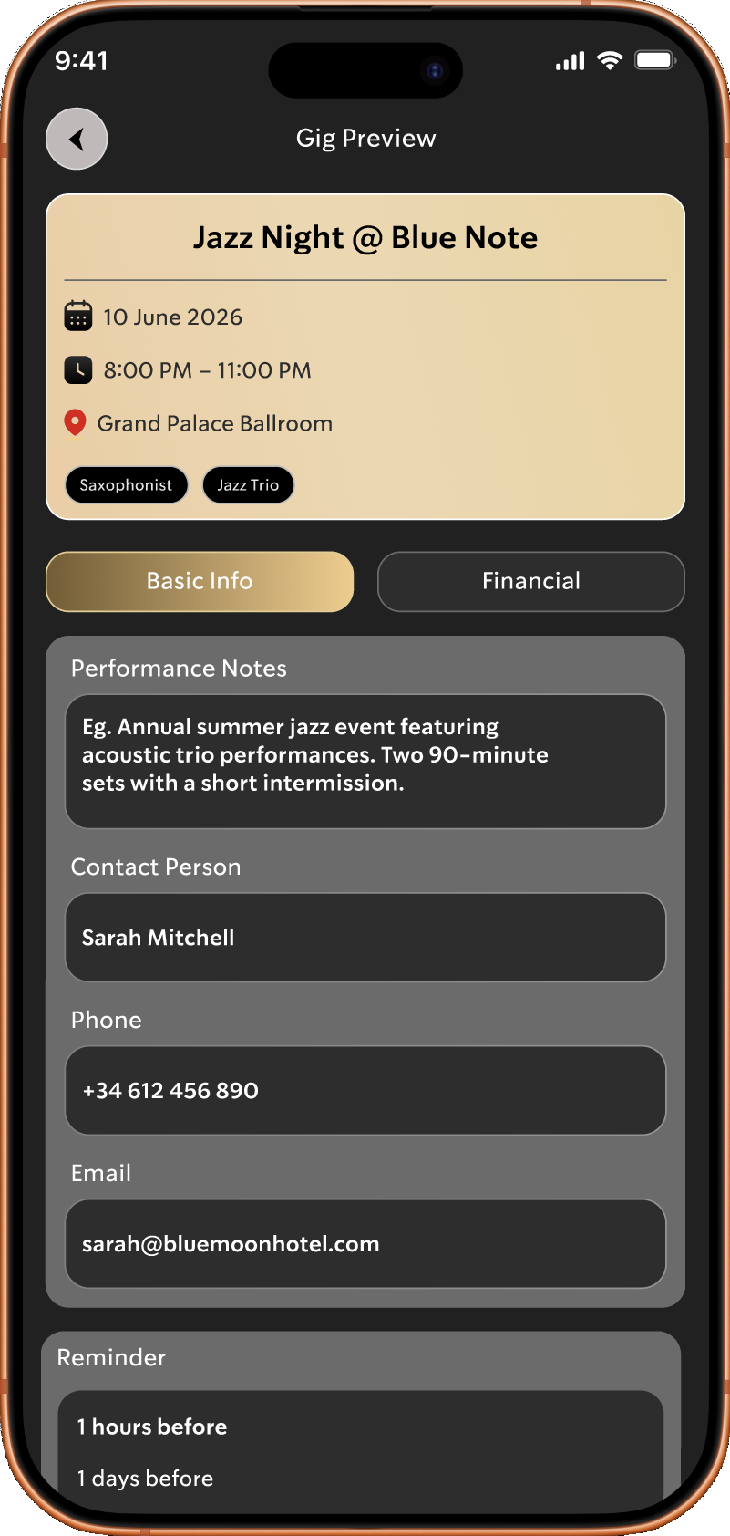 The Gig Tracker GIG preview showing venue, schedule, notes and contact details.