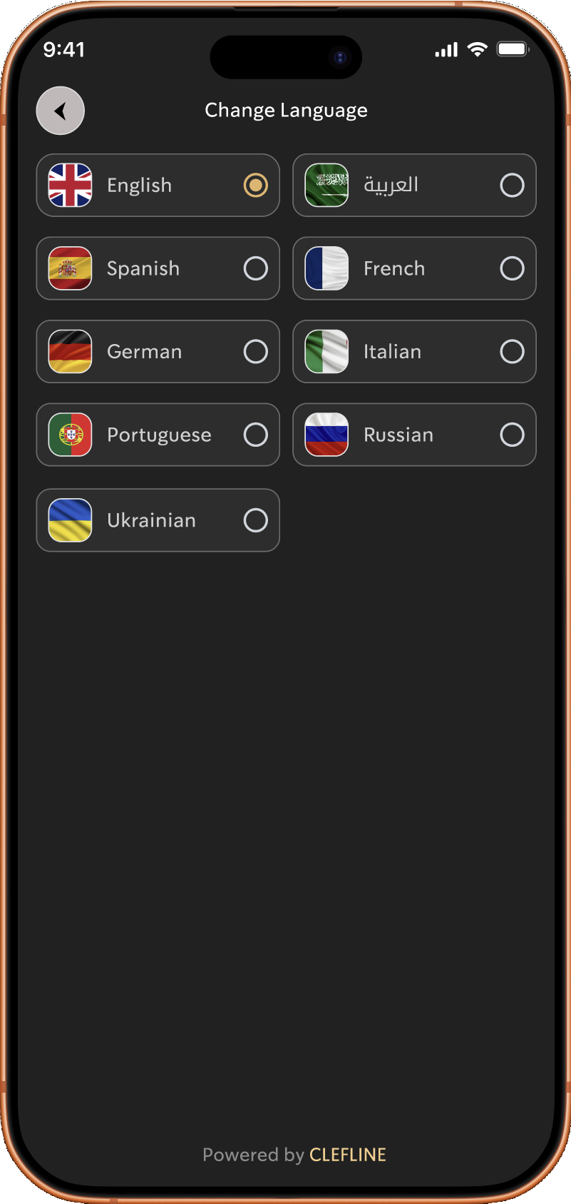 The Gig Tracker language selection screen.