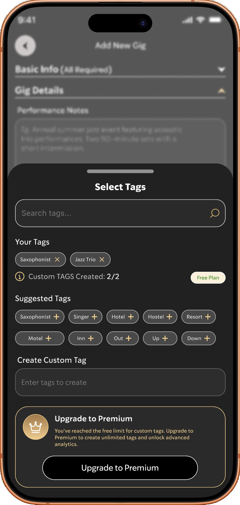 The Gig Tracker tag selector for organising roles, venues and GIG types.